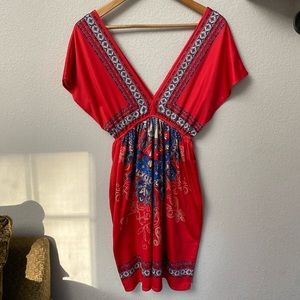 FLYING TOMATO deep V silky red and printed dress Women’s size Medium